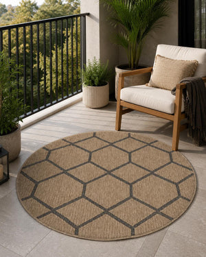 Round Beige Black Geometric Honeycomb Rug, Modern Boho Living Room Carpet (5.2x5.2FT)