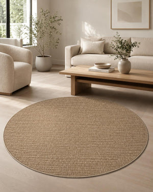 Round Jute-Style Beige Area Rug, Minimalist Woven Living Room Carpet (5.2x5.2FT)