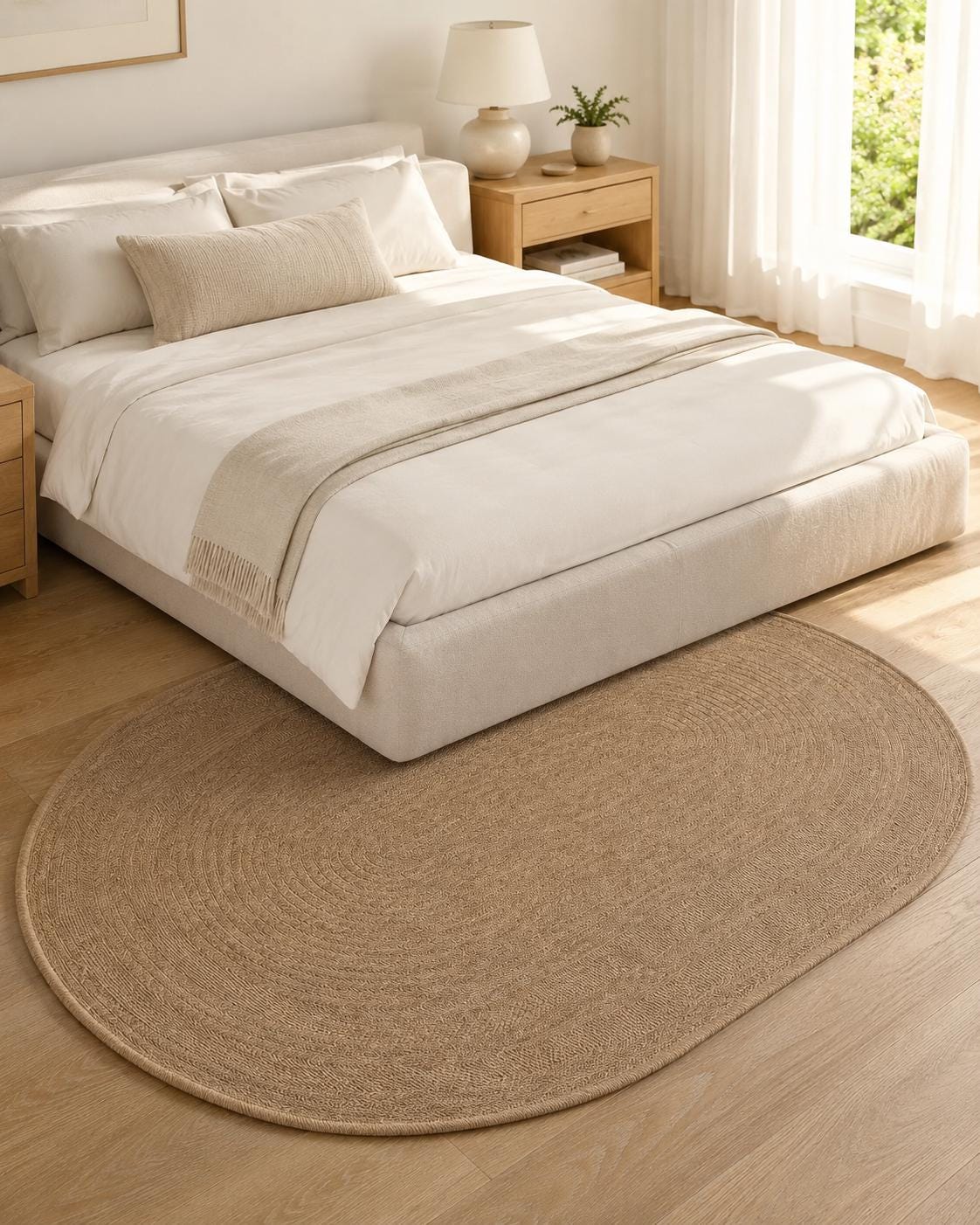 Oval Textured Jute-Style Area Rug, Boho Scandinavian Living Room Carpet