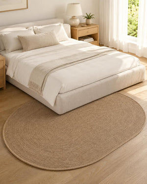 Oval Textured Jute-Style Area Rug, Boho Scandinavian Living Room Carpet