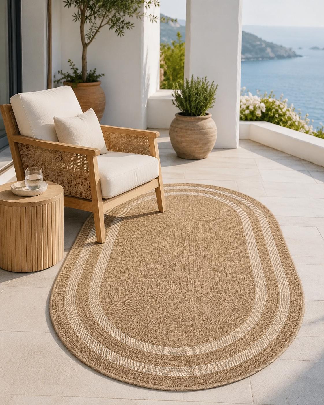 Oval Woven Jute-Style Area Rug, Beige Ivory Border, Boho Scandinavian Living Room Carpet