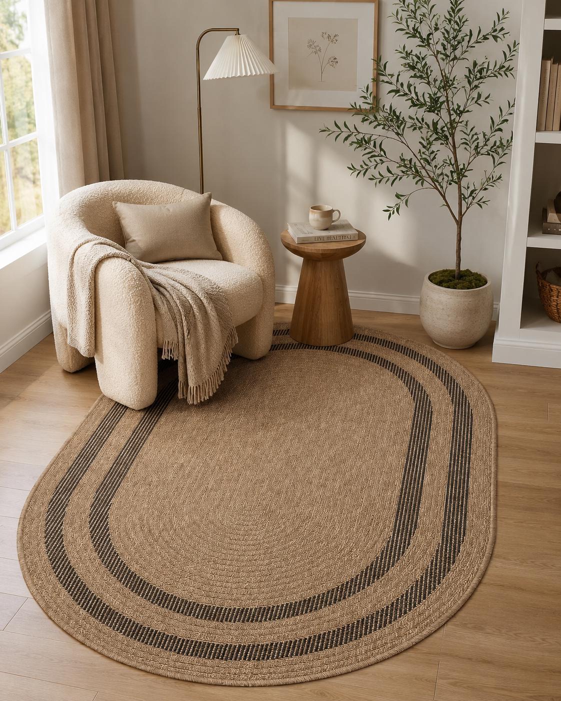 Oval Beige Black Border Rug, Natural Woven Jute Style Carpet, Boho Scandinavian Floor Rug