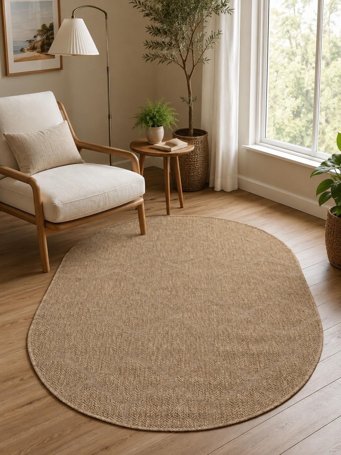 Oval Beige Geometric Area Rug, Textured Woven Jute Style Carpet, Boho Scandinavian Bedroom Rug
