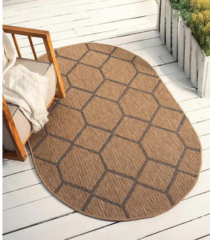 Oval Honeycomb Geometric Rug, Beige Black Woven Living Room Carpet, Boho Scandinavian Entryway Rug