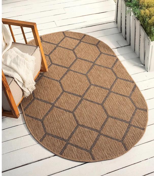 Oval Honeycomb Geometric Rug, Beige Black Woven Living Room Carpet, Boho Scandinavian Entryway Rug