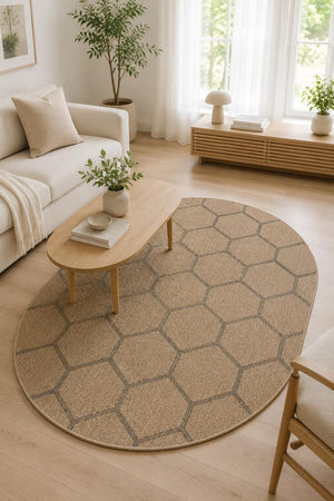Oval Honeycomb Geometric Rug, Beige Black Woven Living Room Carpet, Boho Scandinavian Entryway Rug