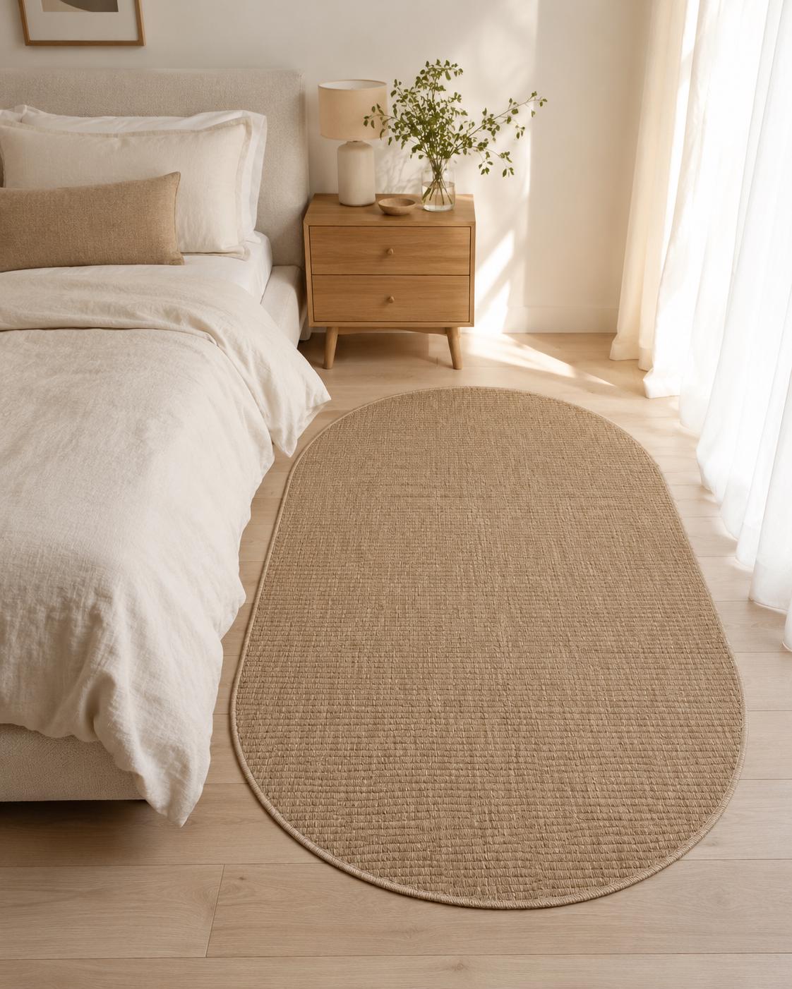 Beige Oval Area Rug, Ribbed Textured Carpet, Minimalist Scandinavian Japandi Floor Rug