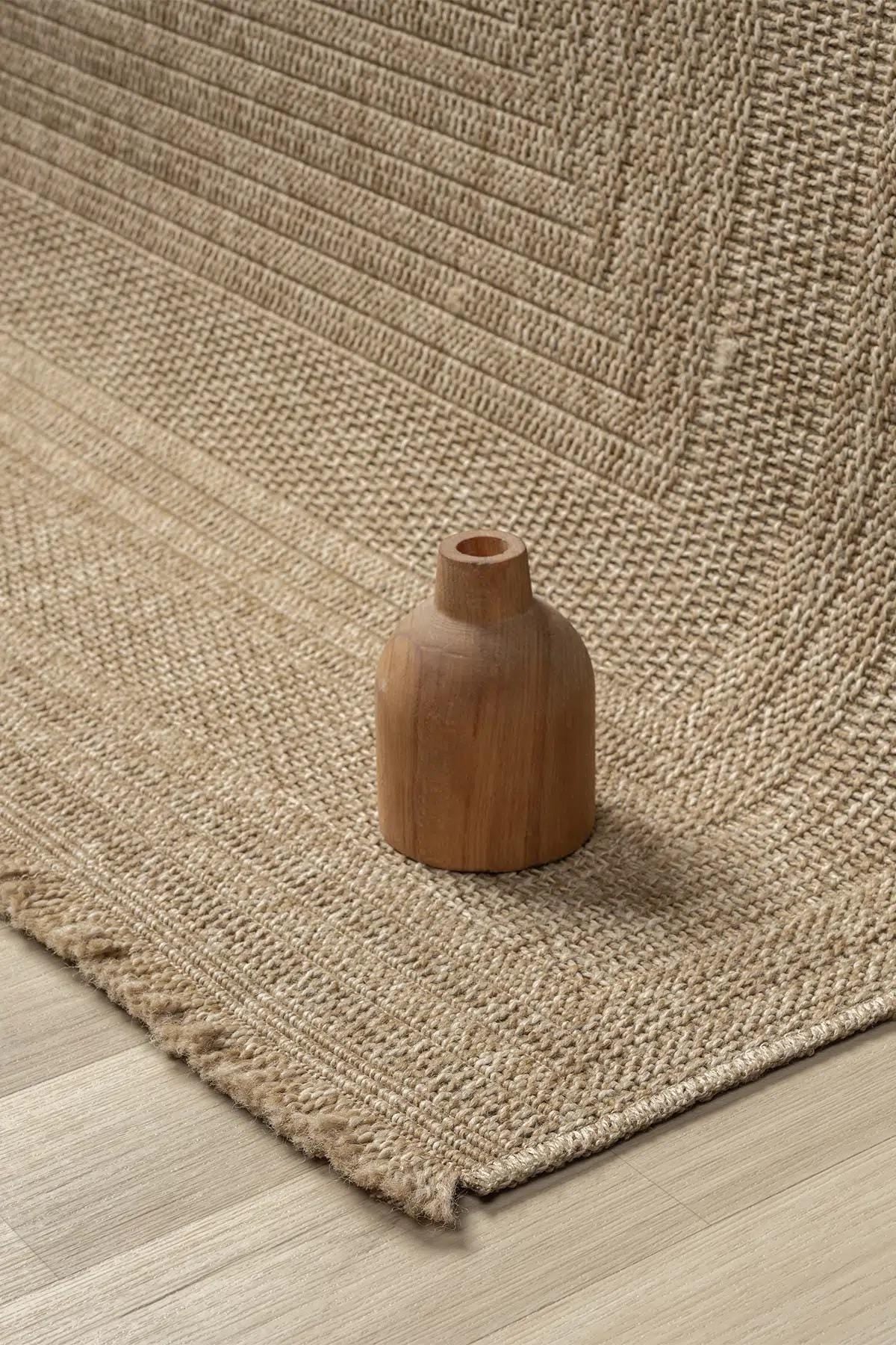 Beige Woven Area Rug, Textured Border Carpet, Minimalist Scandinavian Bedroom Floor Rug