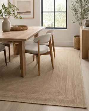 Beige Woven Area Rug, Textured Border Carpet, Minimalist Scandinavian Bedroom Floor Rug
