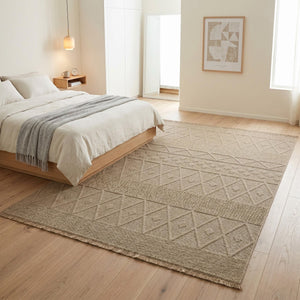Beige Geometric Textured Area Rug, Boho Scandinavian Living Room Carpet