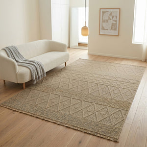 Beige Geometric Textured Area Rug, Boho Scandinavian Living Room Carpet