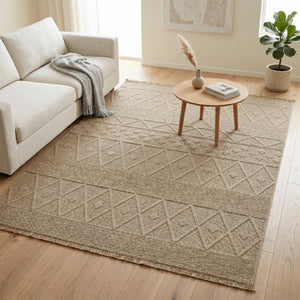 Beige Geometric Textured Area Rug, Boho Scandinavian Living Room Carpet