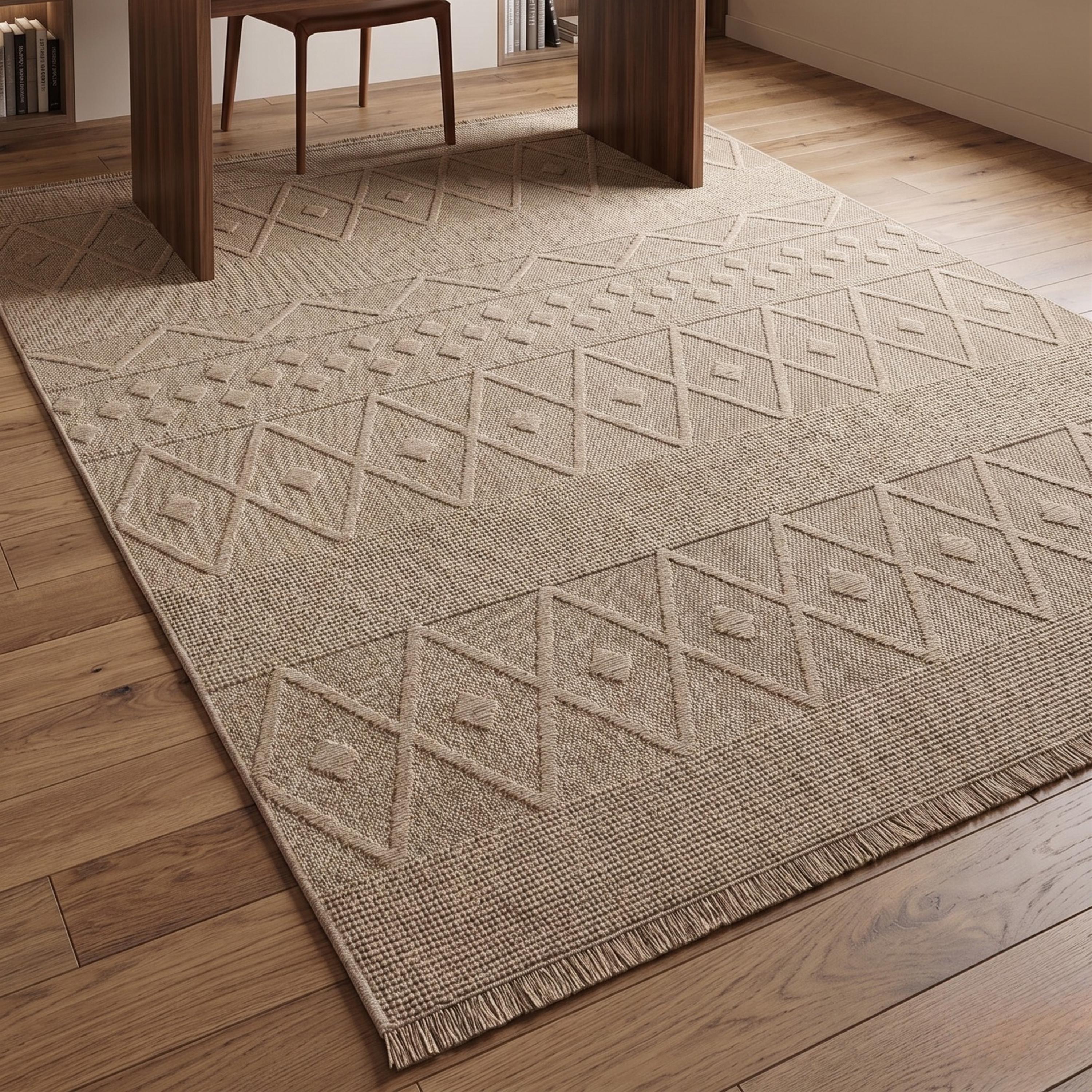Beige Geometric Textured Area Rug, Boho Scandinavian Living Room Carpet