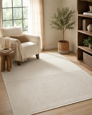 Ivory Striped Textured Area Rug, Neutral Scandinavian Modern Farmhouse Floor Runner