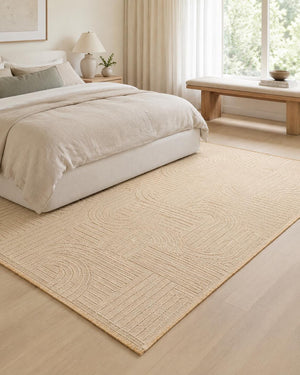 Beige Abstract Area Rug, Modern Geometric Line Pattern, Art Deco Inspired Design