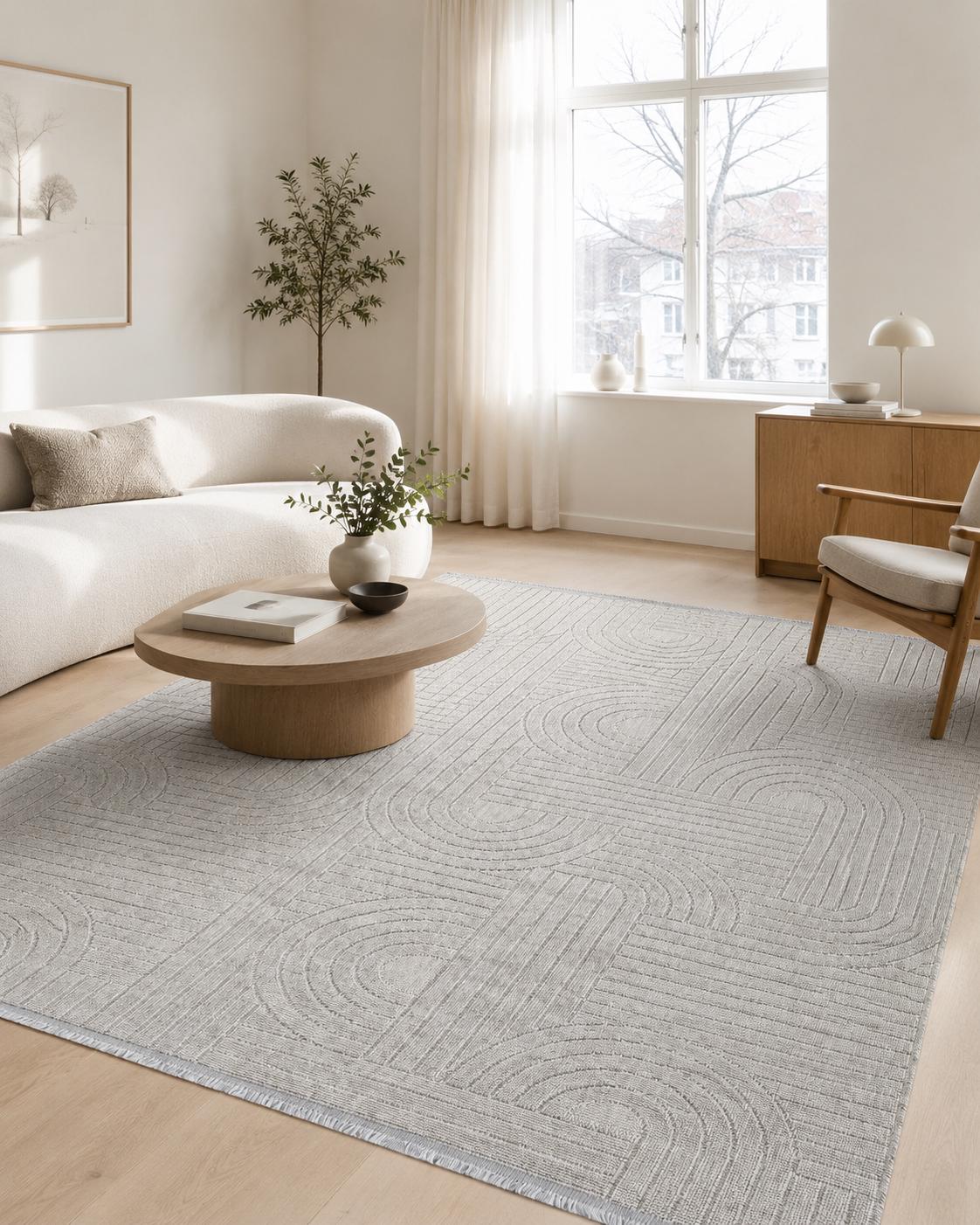 Light Gray Abstract Geometric Textured Area Rug, Modern Living Room Floor Runner