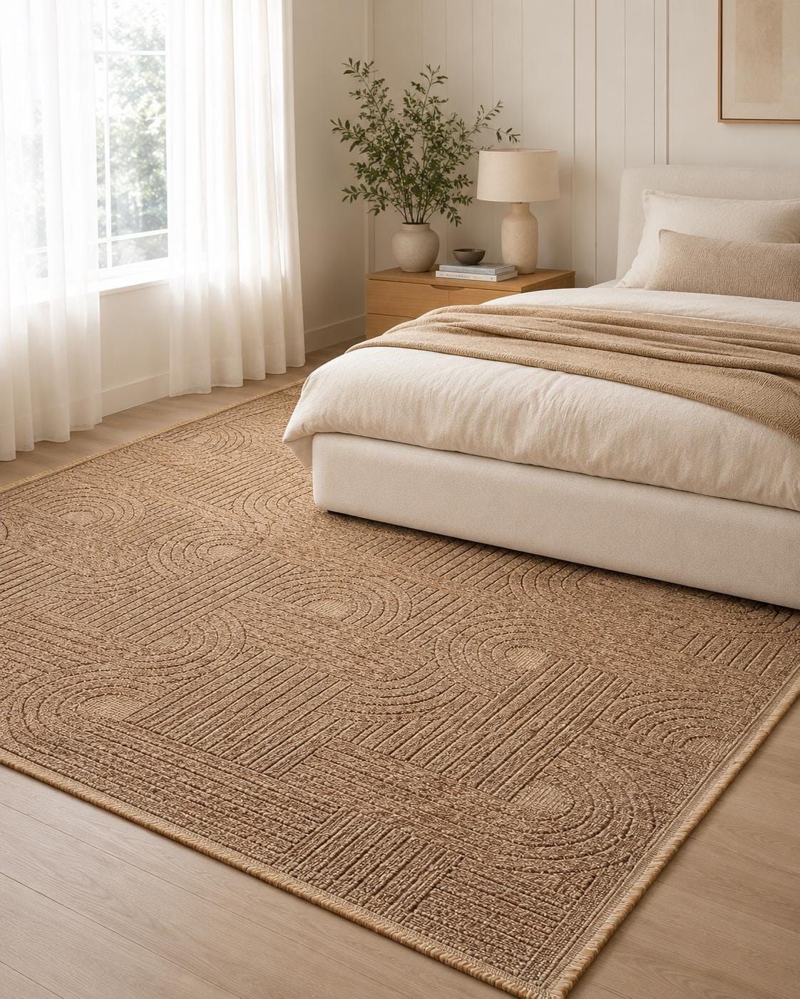 Tan Abstract Area Rug, Textured Geometric Pattern, Neutral Modern Floor Decor