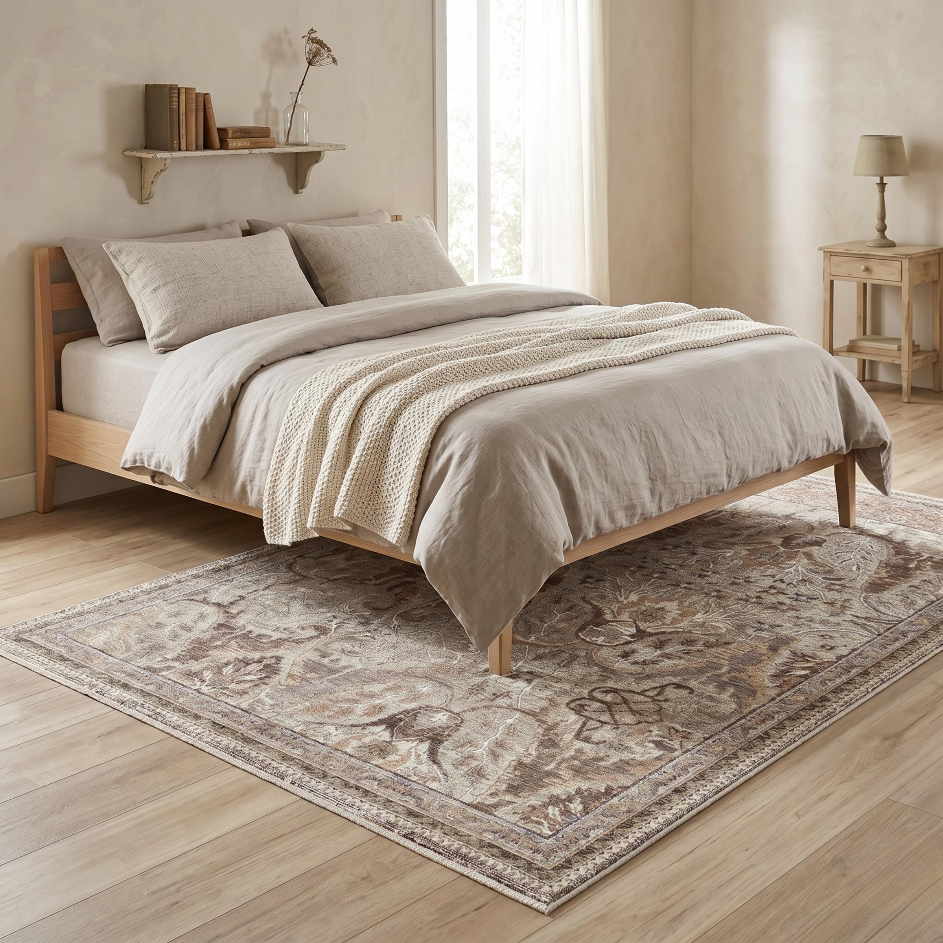 Distressed Floral Area Rug, Neutral Beige Brown Living Room Floor Rug
