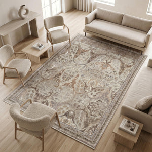Distressed Floral Area Rug, Neutral Beige Brown Living Room Floor Rug