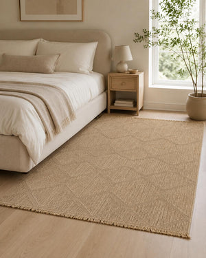 Beige Geometric Woven Area Rug, Natural Jute Style Carpet, Scandinavian Living Room Floor Rug