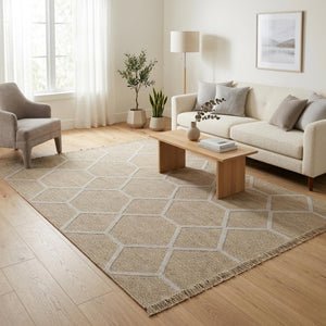 Beige Honeycomb Geometric Woven Jute Style Rug, Scandinavian Living Room Carpet