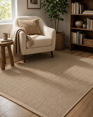 Brown Herringbone Woven Area Rug, Textured Natural Living Room Carpet