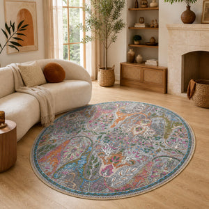 Round Floral Area Rug, Distressed Traditional Boho Carpet, Living Room Bedroom 6.6FT