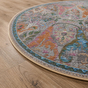 Round Floral Area Rug, Distressed Traditional Boho Carpet, Living Room Bedroom 6.6FT