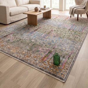 Multicolor Distressed Floral Area Rug, Boho Traditional Oriental Carpet