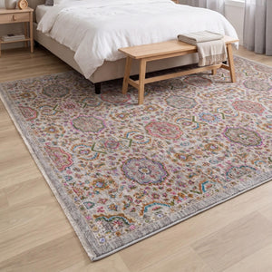 Multicolor Medallion Area Rug, Distressed Boho Traditional Carpet, Grey Floral Oriental Style