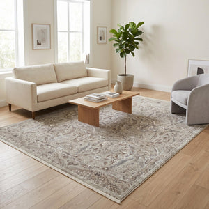 Beige Floral Area Rug, Distressed Botanical Traditional Carpet, Soft Farmhouse Style