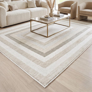 Cream Border Area Rug, Woven Bedroom Carpet, Soft Scandinavian Floor Rug