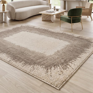 Brown Cream Border Area Rug, Modern Distressed Living Room, Scandinavian Style Floor Rug
