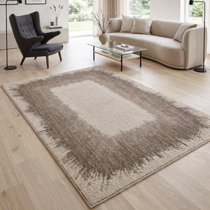 Brown Cream Border Area Rug, Modern Distressed Living Room, Scandinavian Style Floor Rug