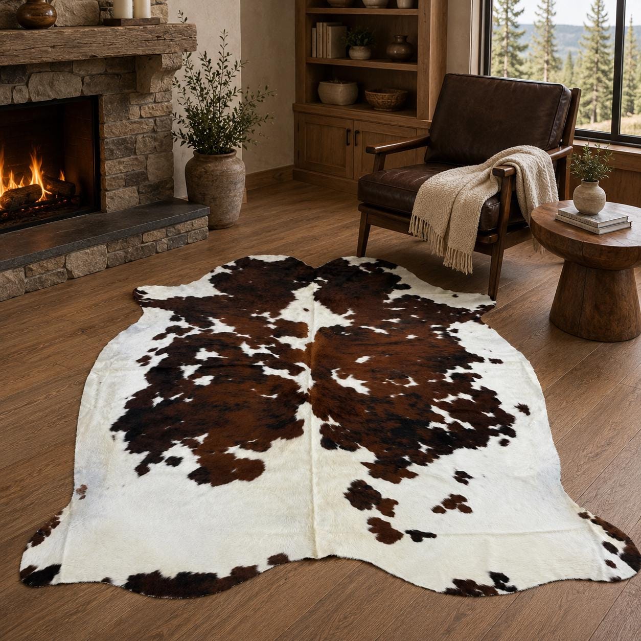 XL Tricolor Cowhide Rug 7x8 ft | 214x241cm | Genuine Hair-On Cowhide White Brown Black Farmhouse Boho Western Decor