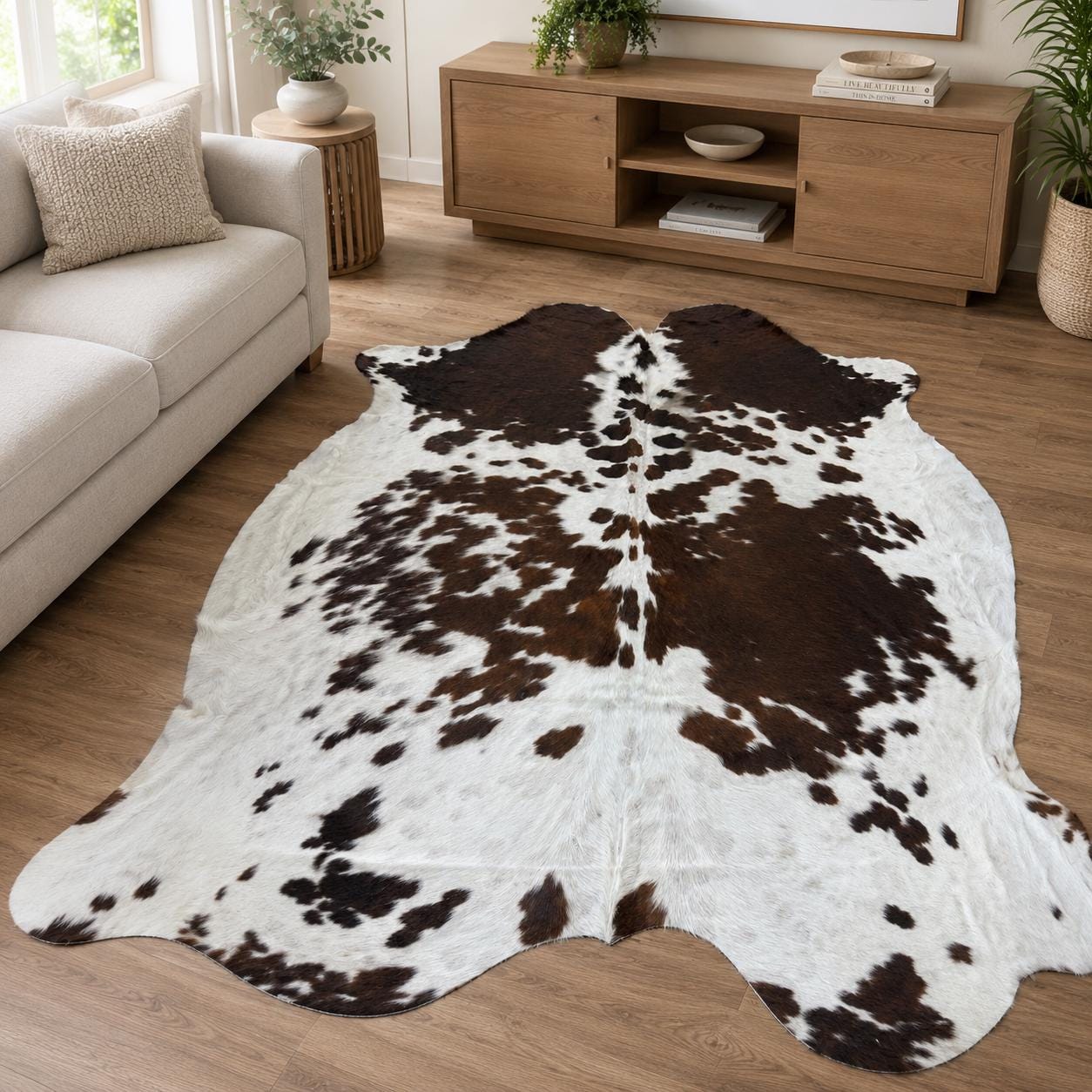 Tricolor Cowhide Rug 6.62x7.44 ft | 202x227cm | Genuine Hair-On Cowhide | White Brown Black | Farmhouse Boho Living Room Decor