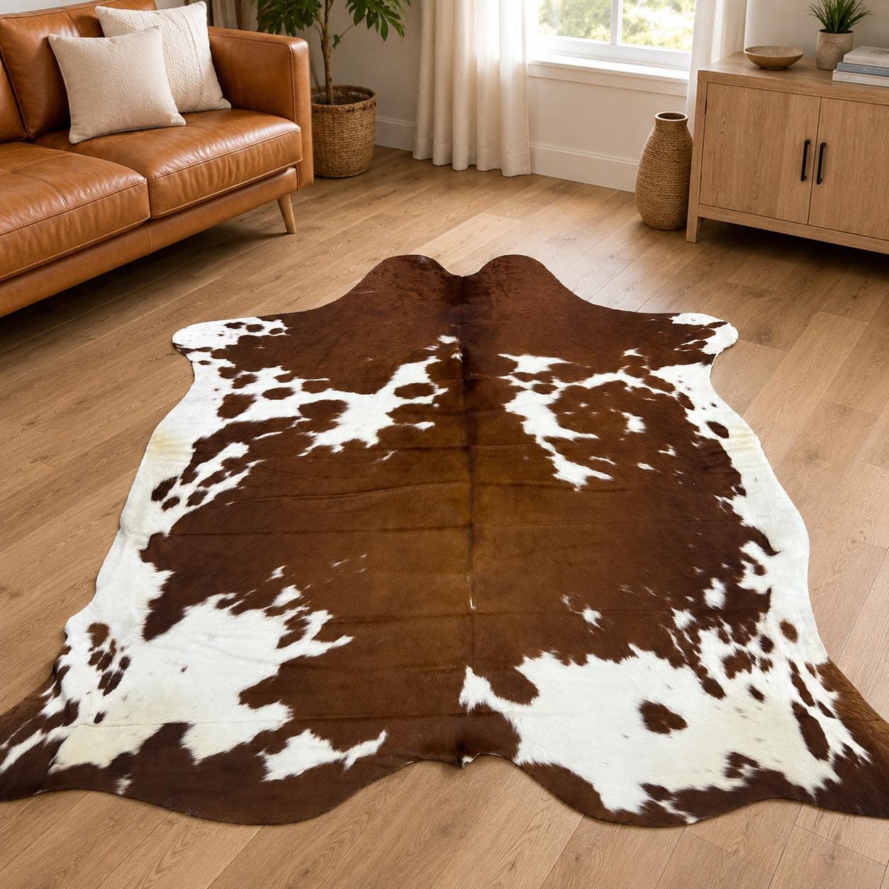 Natural Cowhide Rug 7.1x7.6 ft, Brown White Cow Hide Rug, Genuine Leather Area Rug 85x91 in, Rustic Western Farmhouse Decor