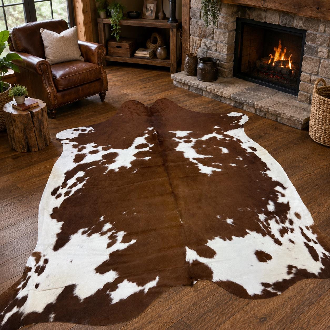 Natural Cowhide Rug 7.1x7.6 ft, Brown White Cow Hide Rug, Genuine Leather Area Rug 85x91 in, Rustic Western Farmhouse Decor