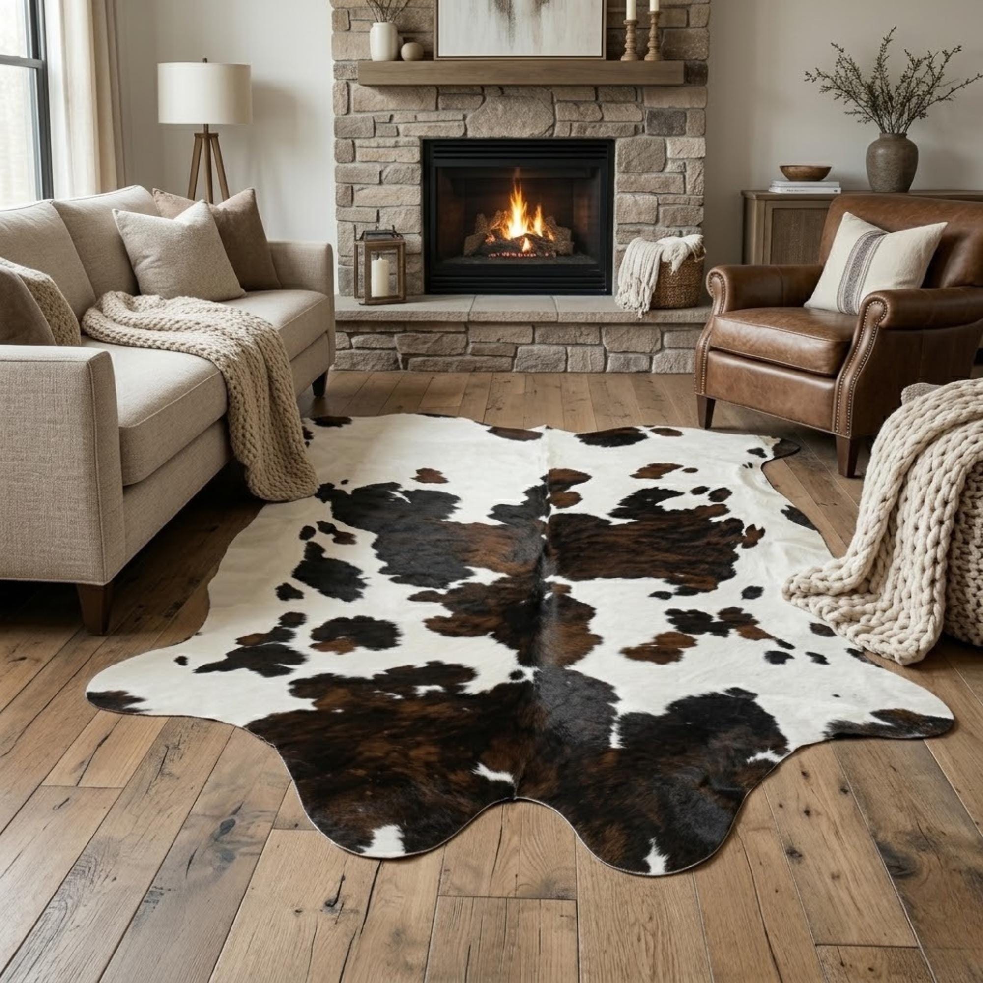 Cowhide Rug 6.7x8 ft, 203x243 cm Tricolor Brown White Black Cow Hide Rug, Genuine Hair on Hide Area Rug