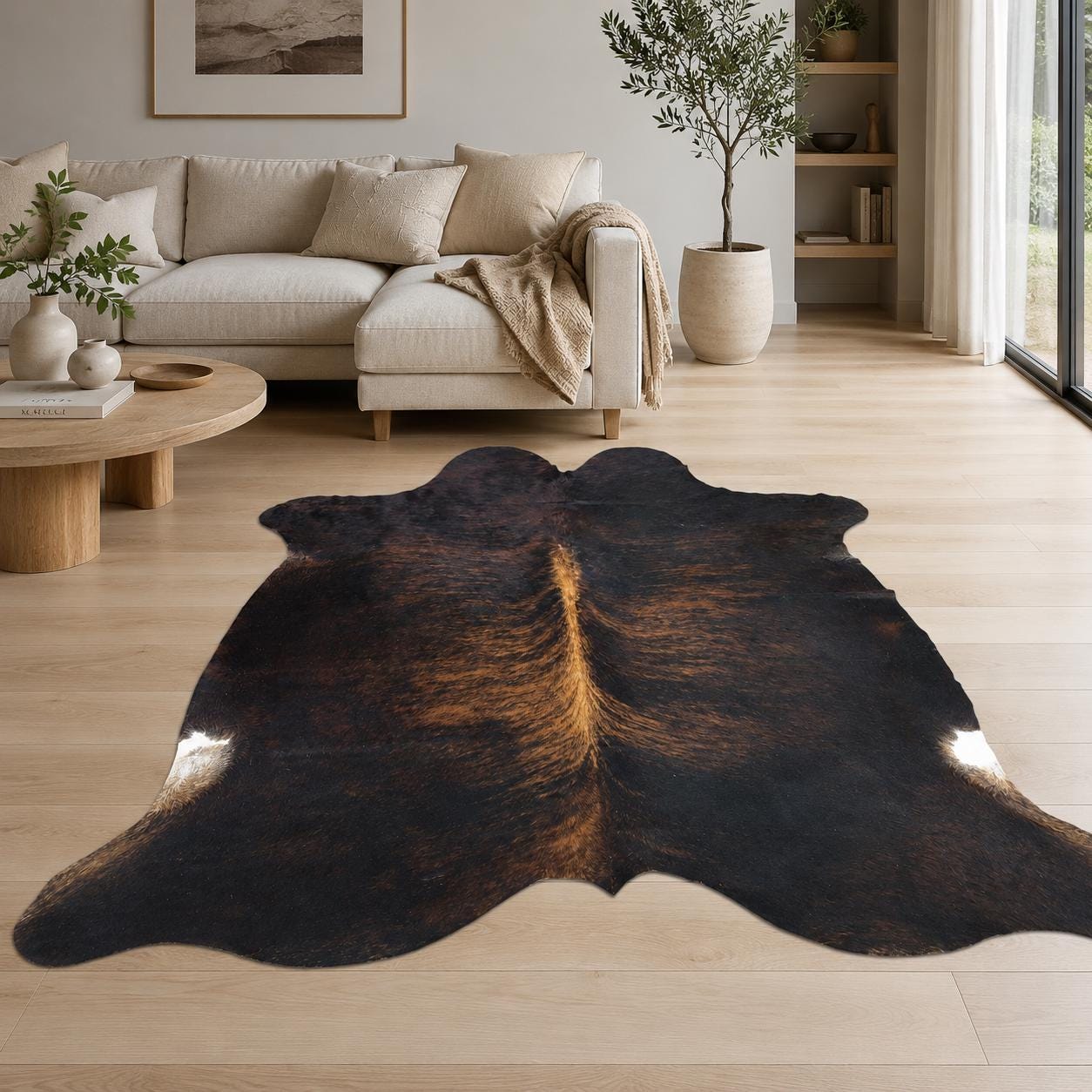 Genuine Dark Brindle Cowhide Rug 7x7.6 - Real Hair On Cow Hide Rug - Natural Brown Black Cowhide - Exotic Tricolor Hide Rug - Large Cowhide