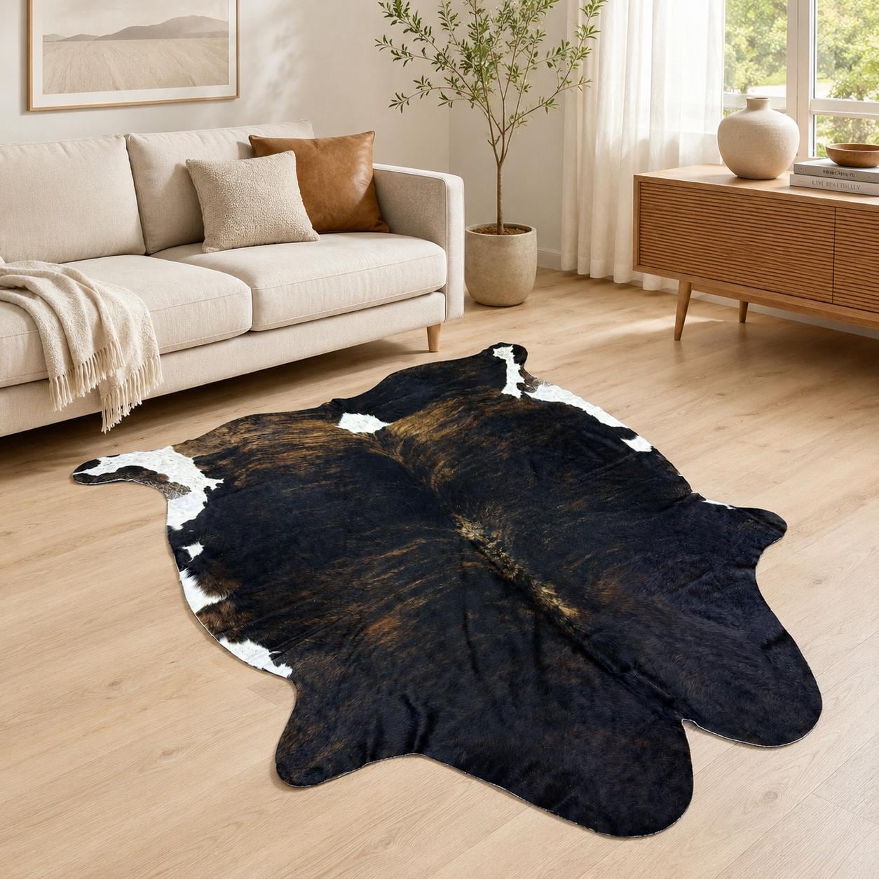 Genuine Tricolor Brindle Cowhide Rug 6x8 - Real Hair On Cow Hide Rug - Dark Brown Black White Cowhide