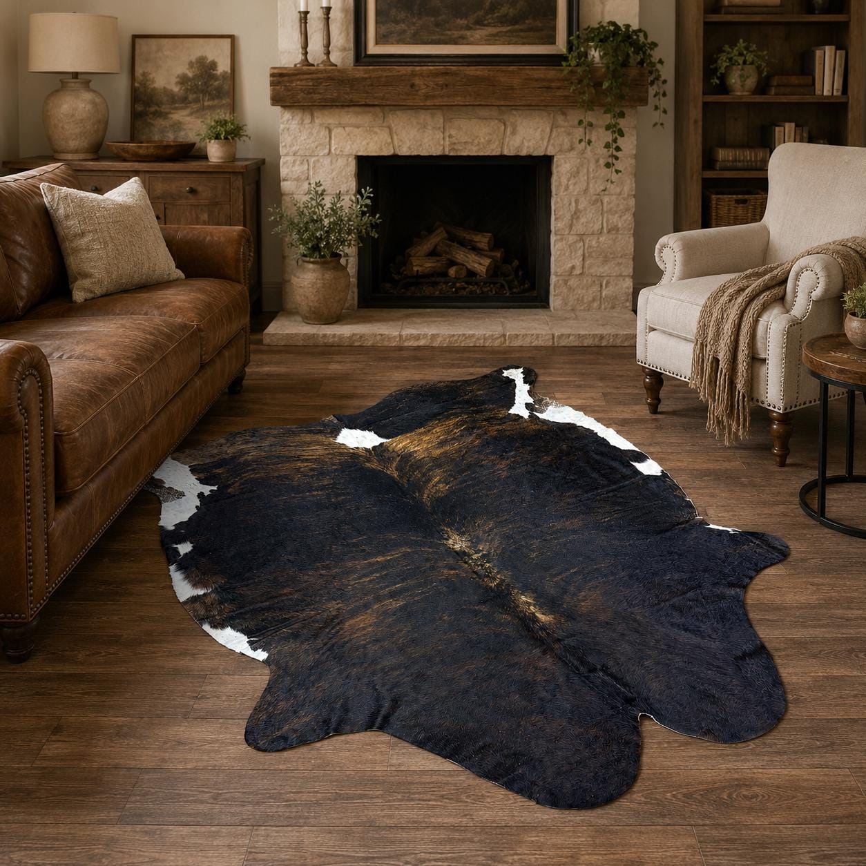Genuine Tricolor Brindle Cowhide Rug 6x8 - Real Hair On Cow Hide Rug - Dark Brown Black White Cowhide