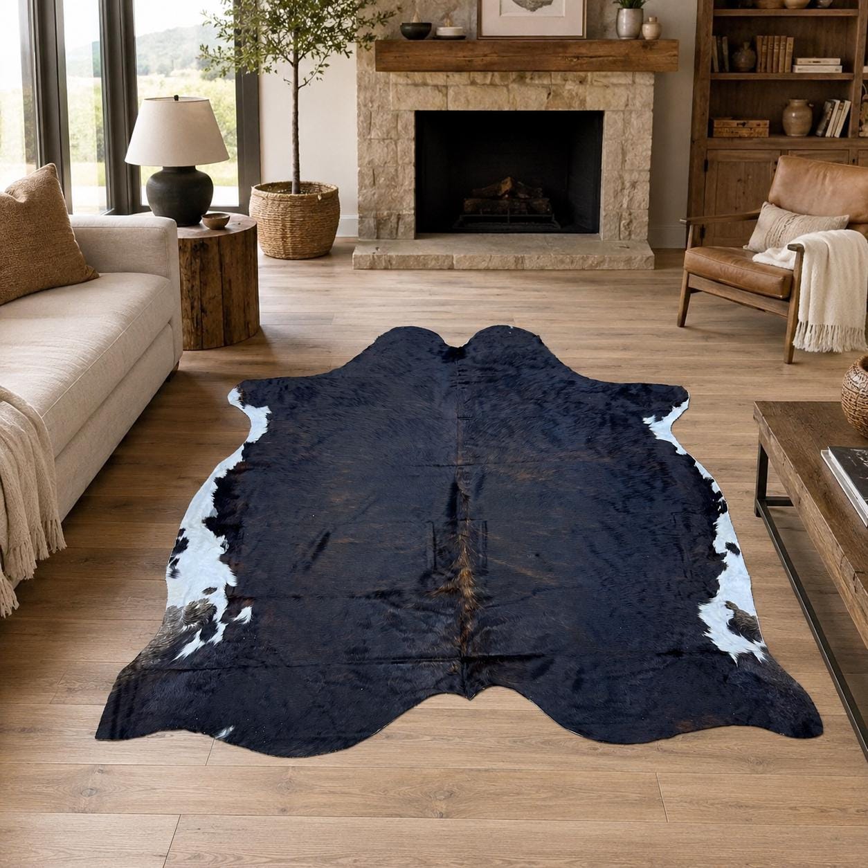 Genuine Dark Chocolate Cowhide Rug 7x7.6 - Real Hair On Cow Hide Rug - Large Dark Brown Black Cowhide - Natural Hide Rug - Farmhouse Decor