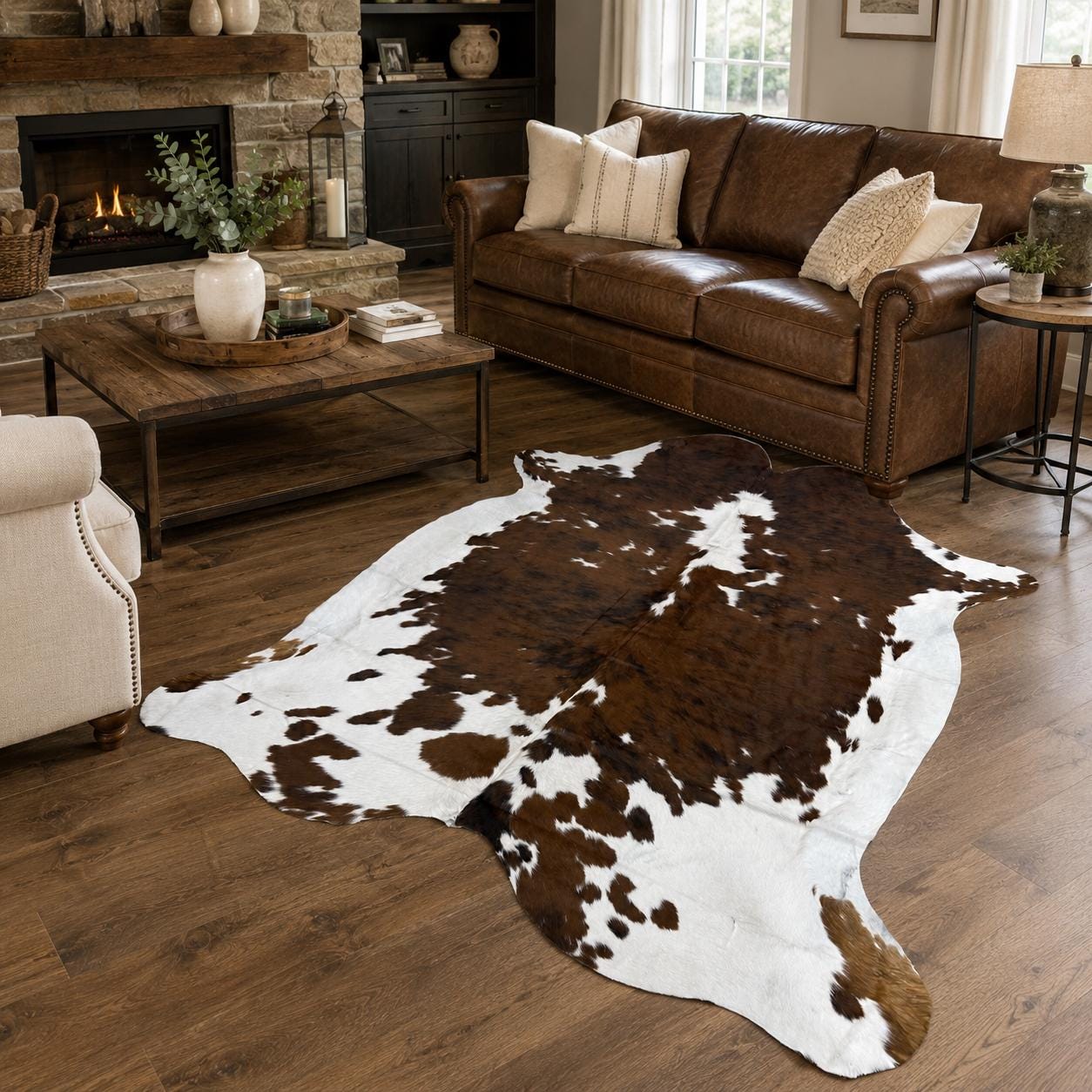 Genuine Brown and White Cowhide Rug 6x7 - Real Hair On Cow Hide Rug - Spotted Tricolor Cowhide Area Rug
