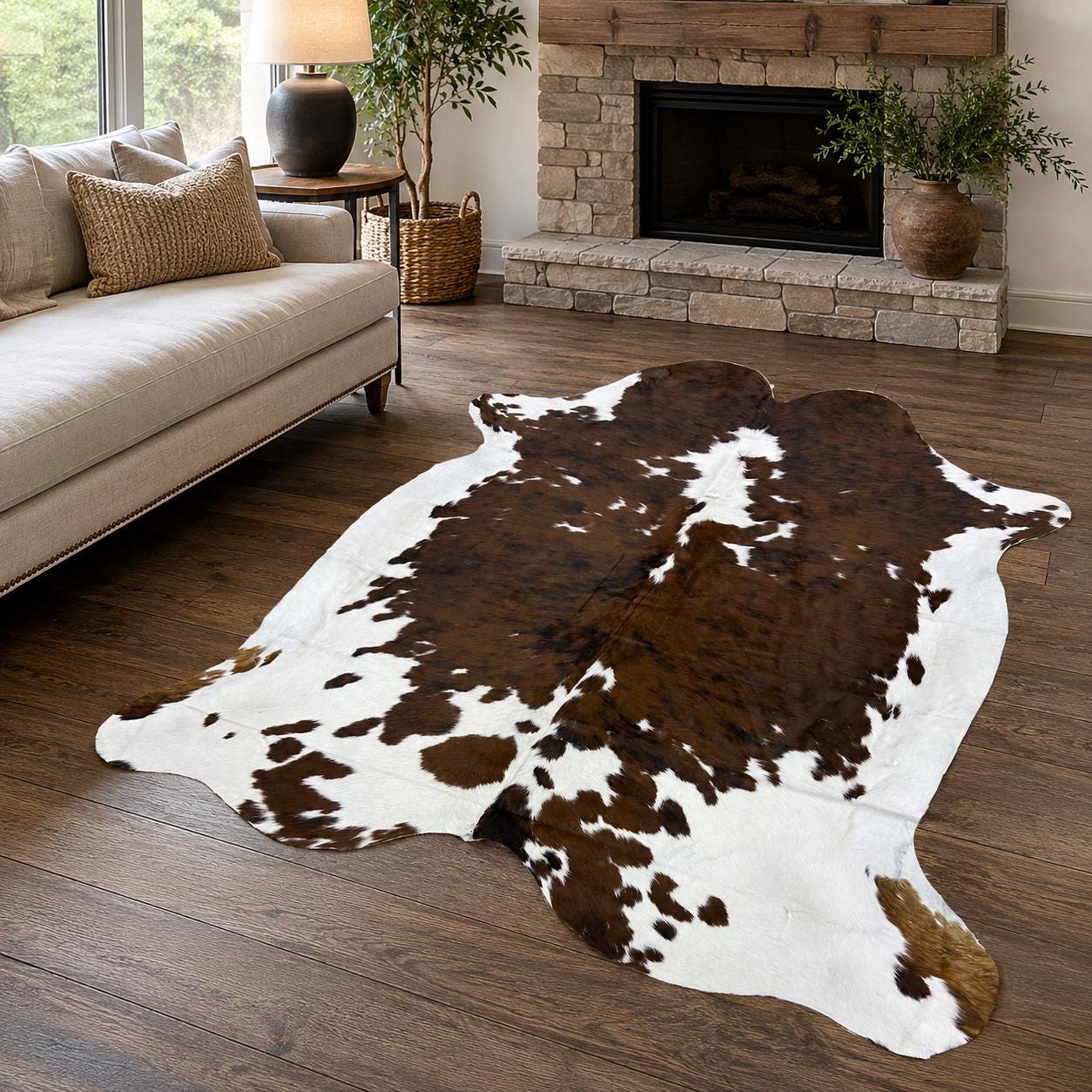 Genuine Brown and White Cowhide Rug 6x7 - Real Hair On Cow Hide Rug - Spotted Tricolor Cowhide Area Rug
