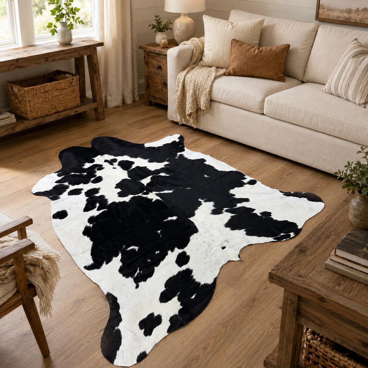 Genuine Black and White Cowhide Rug 7x8 - Real Hair On Cow Hide Rug - Large Bold Spotted Cowhide