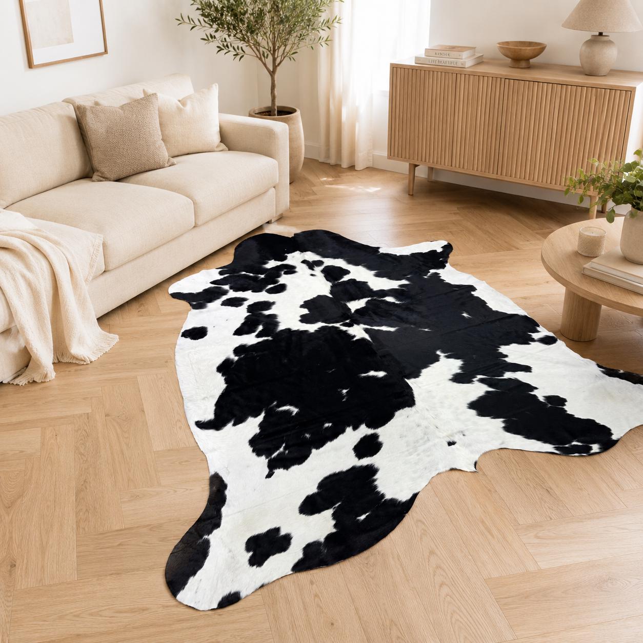 Genuine Black and White Cowhide Rug 7x8 - Real Hair On Cow Hide Rug - Large Bold Spotted Cowhide