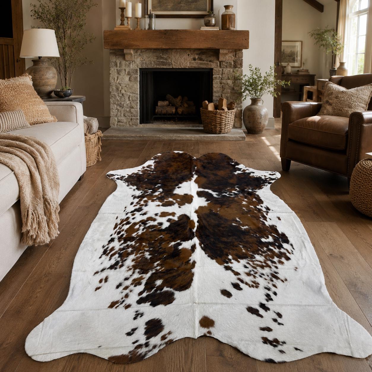 Genuine Speckled Tricolor Cowhide Rug 6x8 - Real Hair On Cow Hide Rug - Brown Black White Cowhide