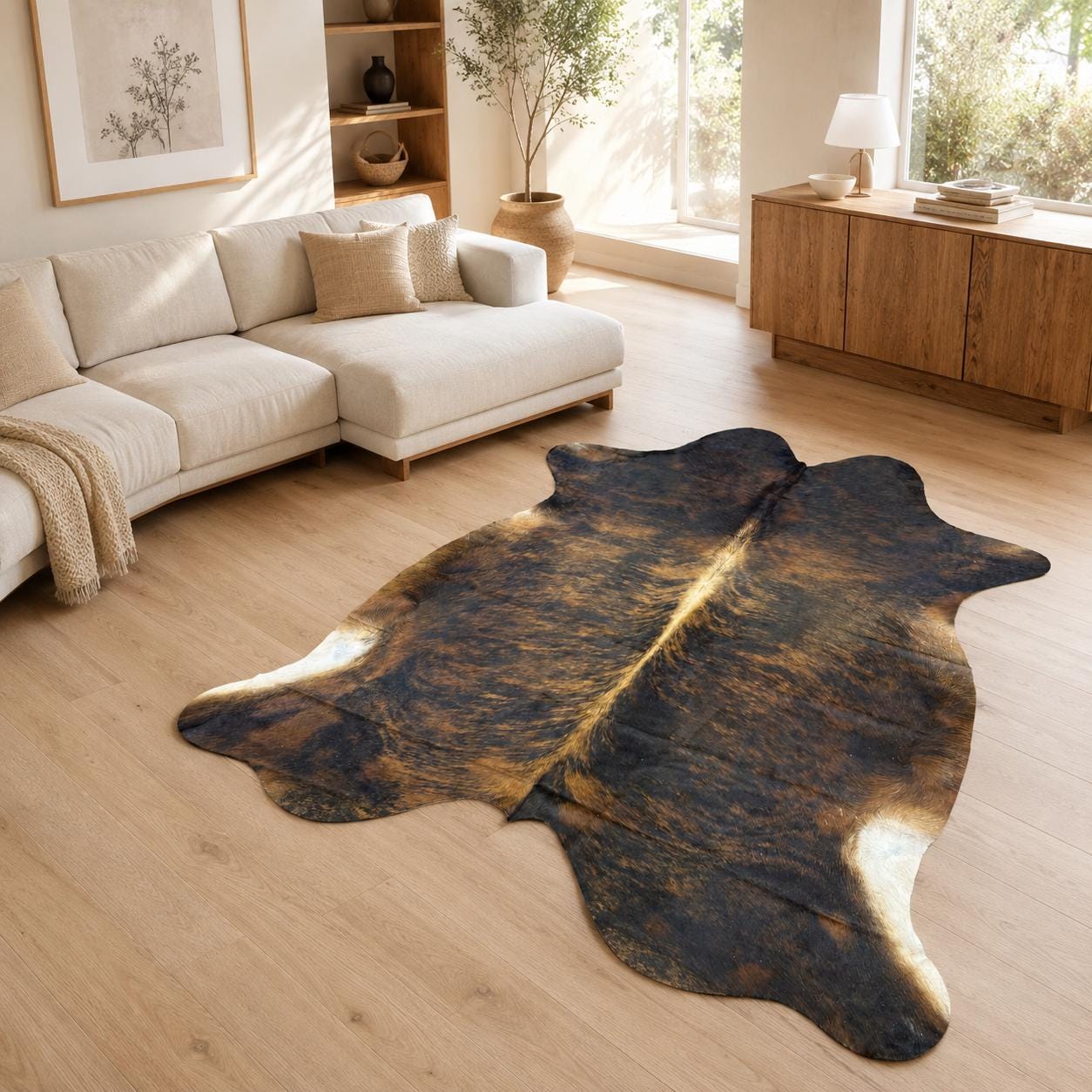 Genuine Brindle Cowhide Rug 6.11x7.8ft in Real Hair On Cow Hide Rug - Dark Brindle Brown Black