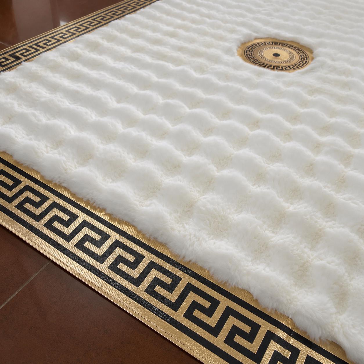 White Plush Rug – Gold Greek Key Border, Medallion Detail, Modern Luxury Carpet